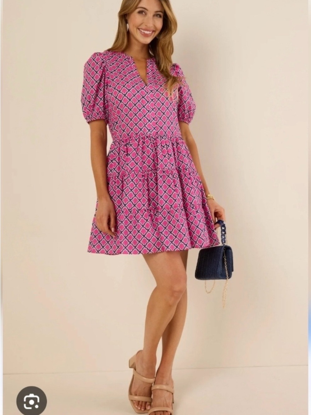 English Factory Pink Geo Print Puff Sleeve Tiered Mini Dress - Medium